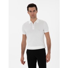 Cacharel Erkek Ekru Slim Fit Fermuarlı Polo Yaka Triko T-Shirt 50300834-VR019