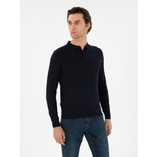 Cacharel Erkek Lacivert Slim Fit Yün Karışımlı Polo Yaka Basic Triko Kazak 50293274-VR033