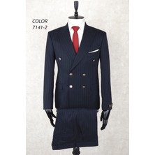 Kruvaze Metal Düğme Geniş Sivri Yaka Slim Fit Çift Yırtmaç Lacivert Drop 6 Takım Elbise