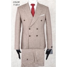 Keten Çizgili Kruvaze Torba Cep Fileli Astar Geniş Sivri Yaka Slim Fit Çift Yırtmaç Drop 6 Takım Elbise