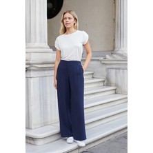 Kadın Modal Penye Geniş Sıfır Yaka Düşük Omuzlu Apoletli Kısa Kol T-Shirt Bluz-Krem