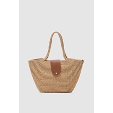 Duffy Kapaklı Handmade Hasır Tote Çanta Vizon
