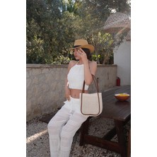 Palma Krem Handmade Midi Hasır Omuz Çantası