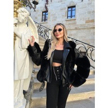 Siyah Kısa Deri Kürk Kaban