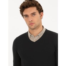 Cacharel Erkek Siyah Slim Fit V Yaka Basic Triko Kazak 50211259-VR046