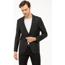Cacharel Erkek Siyah Slim Fit Keten Karışımlı Çizgili Ceket 50223286-VR046