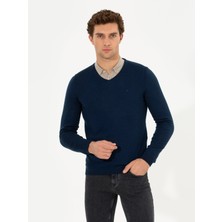 Cacharel Erkek Lacivert Slim Fit V Yaka Basic Triko Kazak 50211259-VR033