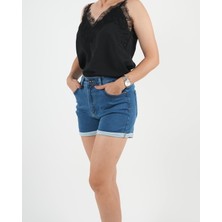 Şort Denim Likralı Katlı Paça