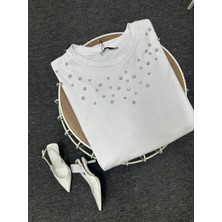 %100 Inceltilmiş Pamuklu Taş Detaylı T-Shirt