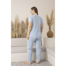 Kadın Viskon Yıldız Desenli Kısa Kol Pijama Takımı-Battal-Mavi