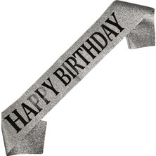 Happy Bırthday Siyah Yazılı Simli Gümüş Lüks Saten Kuşak