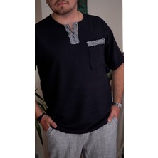 Yaka ve Cep Pis Dikiş Oversize Siyah Keten T-Shirt