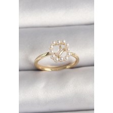 Pirinç Gold Renk Zirkon Taş Detaylı Incili Ayarlanabilir Yüzük