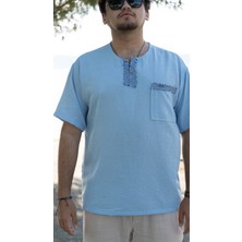 Yaka ve Cep Pis Dikiş Oversize Mavi Keten T-Shirt