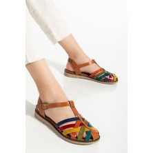 Bayan SANDALET205-02 Taba Multi Ortopedik  Deri Kadın Sandalet