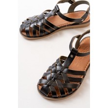 Bayan SANDALET205-02 Siyah Ortopedik  Deri Kadın Sandalet