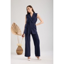 Lacivert Premium Kumaş Yelek Pantolon Kemerli Takım Elbise