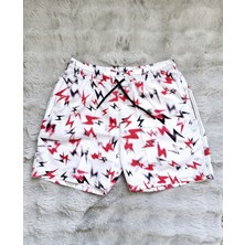 Şimşek Desenli Beyaz Renk Paraşüt Kumaş Su Tutmayan Çepli Yetişkin Erkek Deniz Şortu