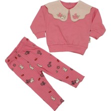 Kız Bebek Pembe Tavşanlı Çiçekli Deseneli Keten Bebe Yakalı Ikili Takım - 1015460