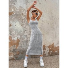 Kadın Kalın Askılı Kare Yaka Fitilli Kaşkorse Midi Boy Elbise