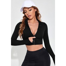 Kadın Siyah Uzun Kol Fermuarlı Parmak Geçme Detaylı Dik Yaka Crop Top Bluz