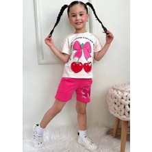 Pjkskt Kiraz Desenli Fuşya Şortlu Kız Çocuk Kısa Kol Takım 7625-F