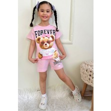 Pjkskt Forever Tatlı Ayıcık Desenli Pembe Şortlu Kız Çocuk Kısa Kol Takım 7554-P
