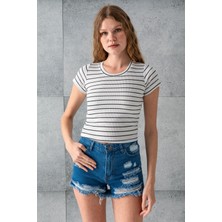 Kadın Bisiklet Yaka Kısa Kollu Çizgili Body Siyah - 25506