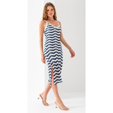 Kadın Askılı V Yaka Zikzak Desenli Örme Elbise Mavi - 5063