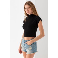 Giysa Kadın Dik Yaka Pamuklu Basic T-Shirt Siyah - 25872