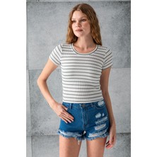 Kadın Bisiklet Yaka Kısa Kollu Çizgili Body Açık Yeşil – 25506