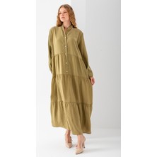 Kadın Hakim Yaka Uzun Kollu Düğme Detaylı Elbise Yeşil - 25541