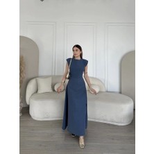 Keten Yandan Yırtmaçlı  Uzun Sıfır Kolsuz Elbise - Mavi