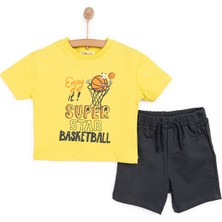 Hellobaby Erkek Bebek Tişört-Şort 2li Takım Varsity Bisiklet Yaka Reçme Paça Kısa Kol Hardal