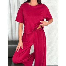 Gökyüzü Moda Osy Modal Yumuşak Dokulu Kumaş Bisiklet Yaka T-Shirt Bol Paça Pantalon Ikili Takım -Bordo