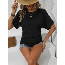 Kadın Kısa Kollu Bisiklet Yaka Yanları Büzgü Detay Yarasa Kol Viskon Bluz