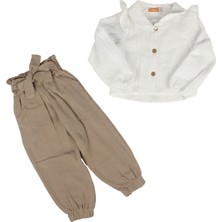 Kız Çocuk Beyaz Kahve Müslin Pantolonlu Yakalı 2'li Takım - 1015588