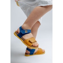 mnpc Unisex Çocuk Sarı-Saks Hakiki Deri Mantar Tabanlı Günlük Çocuk Sandalet