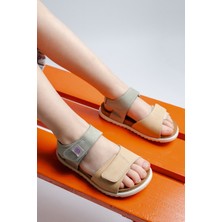 mnpc Unisex Çocuk Sarı-Su Yeşili Hakiki Deri Mantar Tabanlı Günlük Çocuk Sandalet