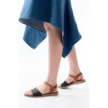 205-012 Siyah Ortopedik  Deri Kadın Sandalet