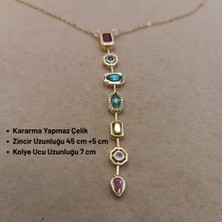 Hazemy Göz Alıcı Çok Renkli Taşlı Altın Rengi Y Kolye ve Küpe Seti