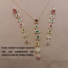Hazemy Göz Alıcı Çok Renkli Taşlı Altın Rengi Y Kolye ve Küpe Seti