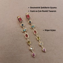 Hazemy Göz Alıcı Çok Renkli Taşlı Altın Rengi Y Kolye ve Küpe Seti
