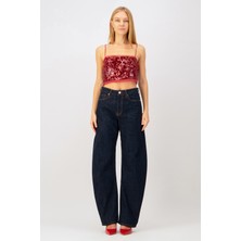 Jıll Barrel Fit Rinse Koyu Indigo Kadın Jean Pantolon
