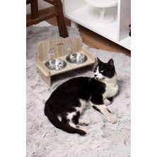 Ahşap Özel İsim Baskılı, Kare Kedi Köpek Mama Su Kabı Standı, Metal Suluk, Kedi Köpek Halısı