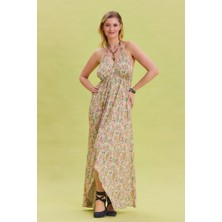 V Yaka Sırtı Açık Boyundan Bağlamalı Etnik Elbise