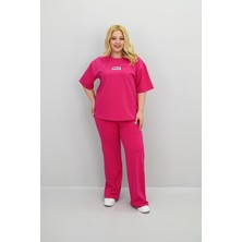 Kadın Büyük Beden Kısa Kollu Etiket Detaylı Bol Paça Eşofman Takımı 8196-25