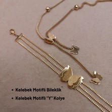 Hazemy Zarif Kelebek Tasarımlı Gold Renk Çelik Takı Seti - Kolye ve Bileklik Kombinasyonu