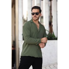 Erkek Yeşil Rahat Kesim Dokulu Oversize Salaş Aerobin Gömlek