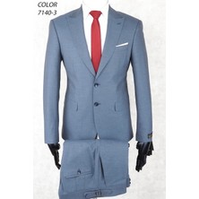 Slim Fit Iki Düğme Sivri Yaka Çift Yırtmaç Tokalı Pantolon Blue Gray Drop 6  Takım Elbise